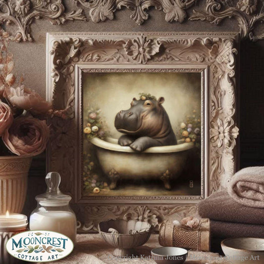 a painting of a hippo in a bathtub with flowers