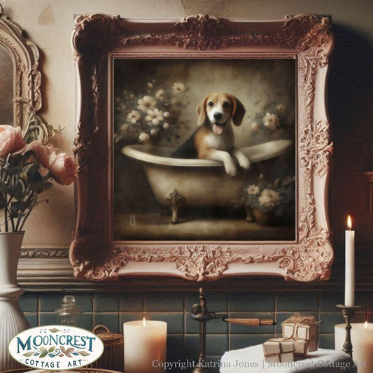 a painting of a dog sitting in a bathtub