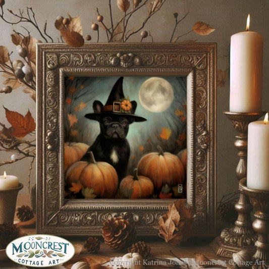 a painting of a dog wearing a witches hat