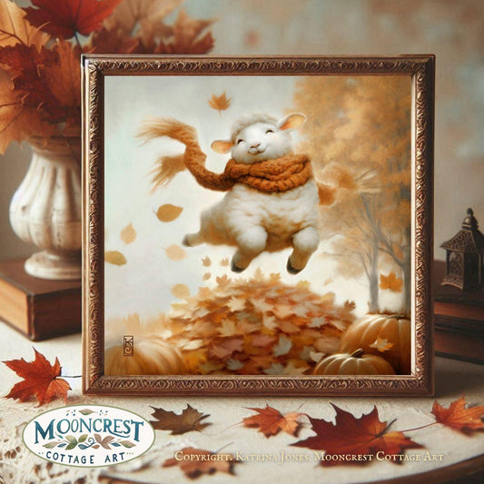 a painting of a sheep jumping over a pile of leaves