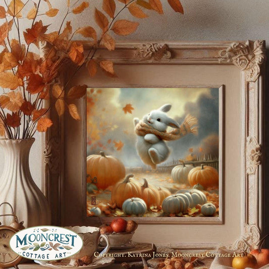 a painting of a cat flying over a pumpkin patch