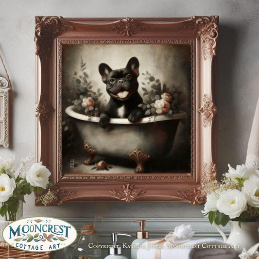 a painting of a dog sitting in a bathtub