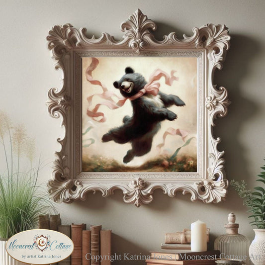 a painting of a teddy bear is hanging on a wall