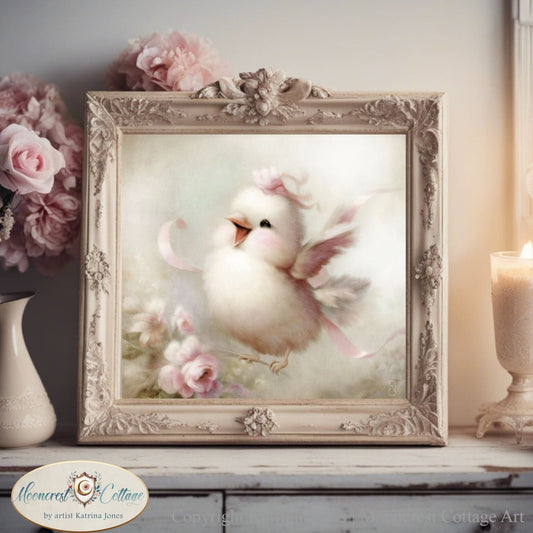 a picture of a white bird with pink flowers