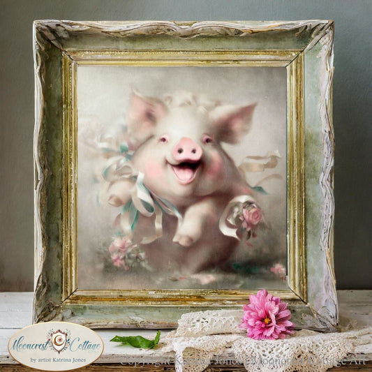 a painting of a pig with a pink flower in front of it