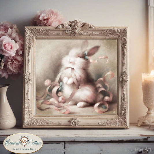 a painting of a bunny sitting on a shelf next to a candle