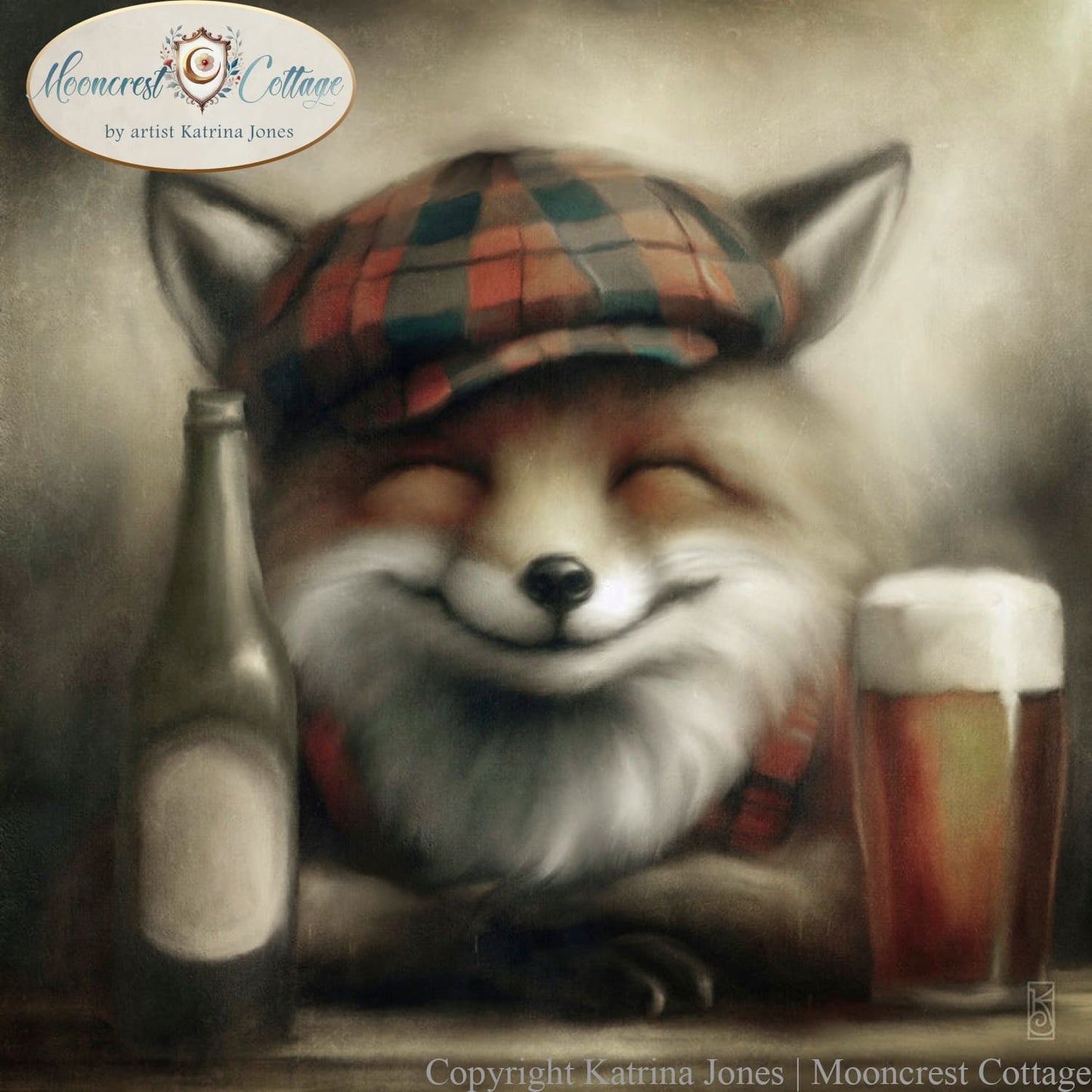 a painting of a fox with a hat and two beers