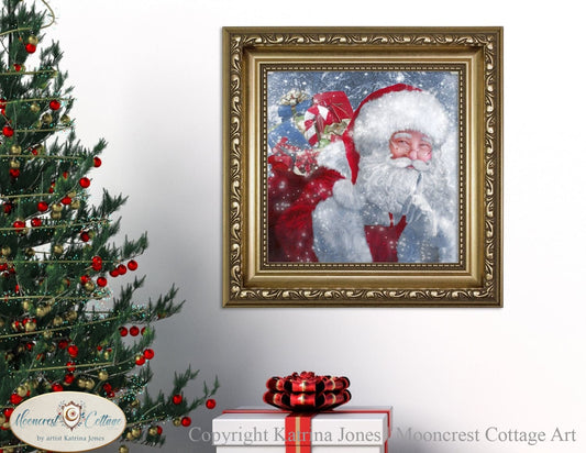 Santa Claus Portrait Art Print With Christmas Gifts