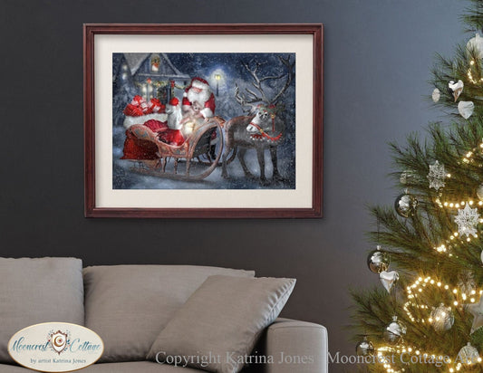 Santa Claus Sleigh Reindeer Art Print Traditional Christmas