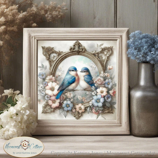 Spring French Country Cottage Wall Art, Bluebirds and Flowers Painting