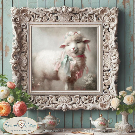 a picture of a sheep in a frame on a table