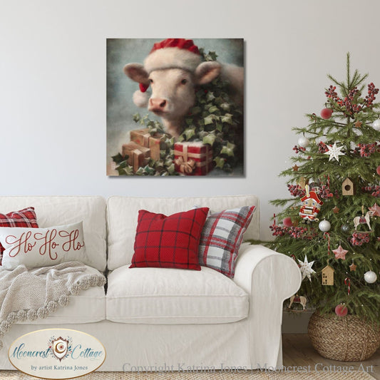 Whimsical Christmas Art Print Of A Cute Cow In A Santa Hat With Presents Painting