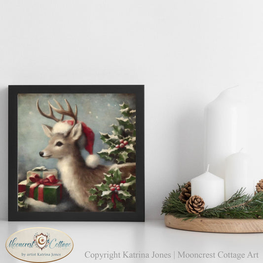 Whimsical Christmas Art Print Of A Cute Santa Deer With Presents Painting