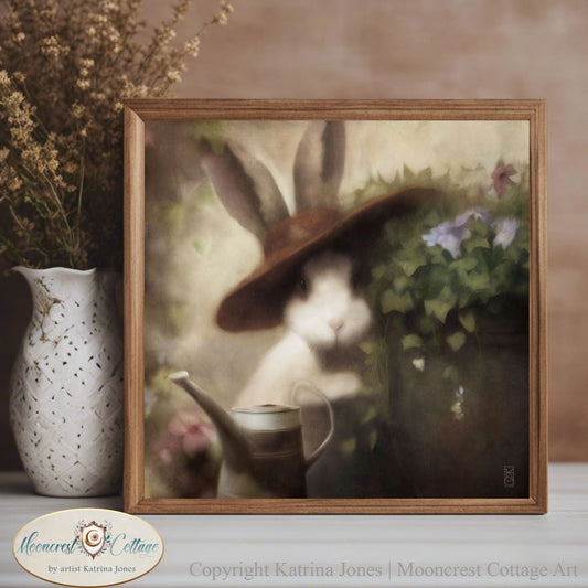 Whimsical Spring Tending Garden Bunny Art Print