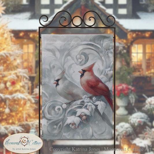 White Winter Cardinals Garden Flag