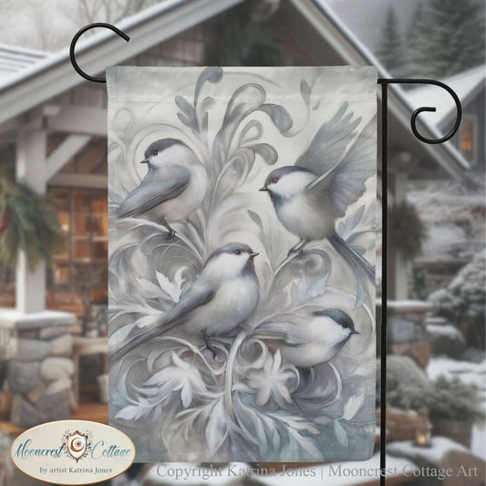 White Winter Chickadees Brids Garden Flag