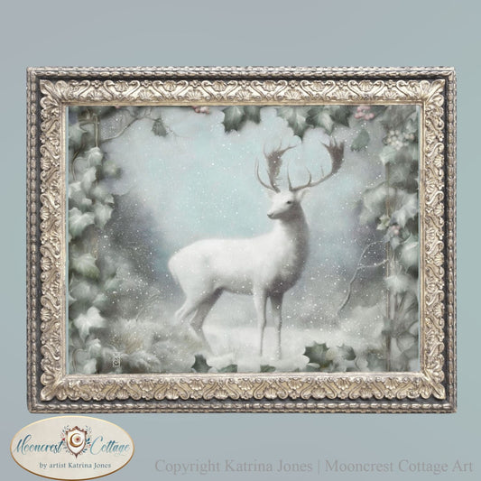 White Winter Deer with Holly Art Print