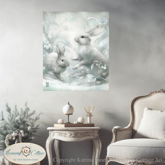 White Winter Rabbits Art Print Dreamy Christmas Decor