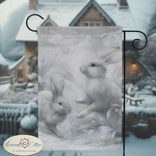 White Winter Rabbits Garden Flag