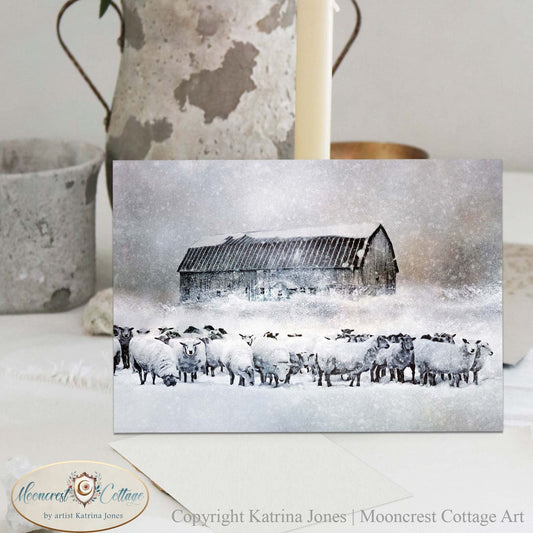 Winter Farm Sheep Landscape Greeting Card