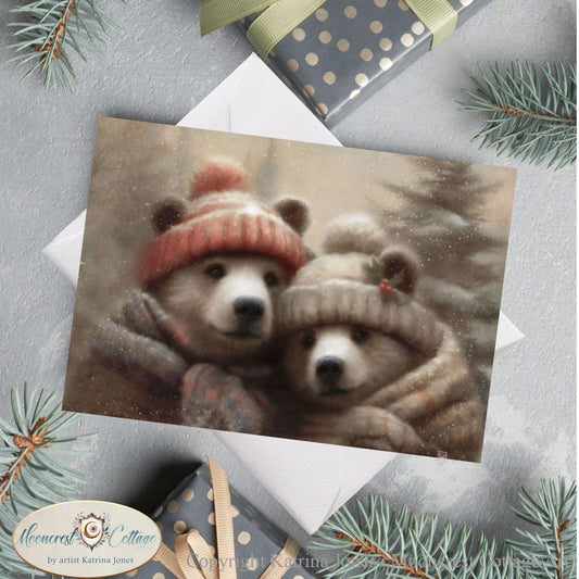 Winter Nature Wildlife Blank Greeting Cards - Cute Bear Pair Painting - Country Christmas Notecards - Stationary Sets