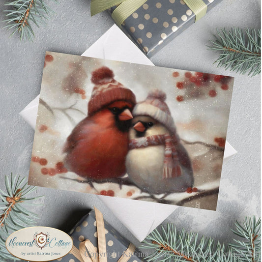 Winter Nature Wildlife Blank Greeting Cards - Cute Cardinal Birds Pair Painting - Country Christmas Notecards - Stationary Sets