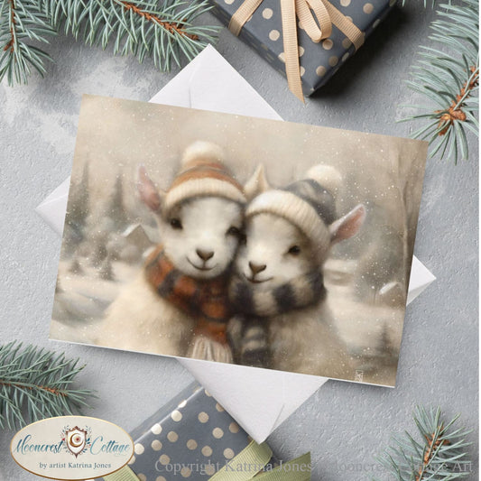 Winter Nature Wildlife Blank Greeting Cards - Cute Goat Pair Painting - Country Christmas Notecards - Stationary Sets