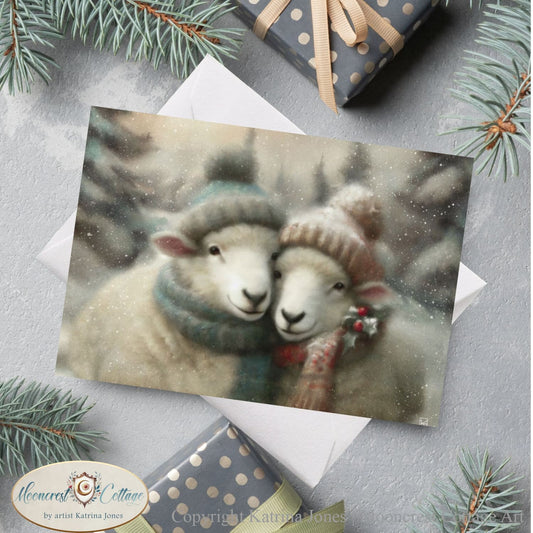 Winter Nature Wildlife Blank Greeting Cards - Cute Sheep Pair Painting - Country Christmas Notecards - Stationary Sets