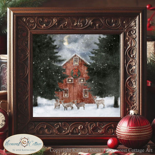 Winter Red Barn with Deer Farm Art Print